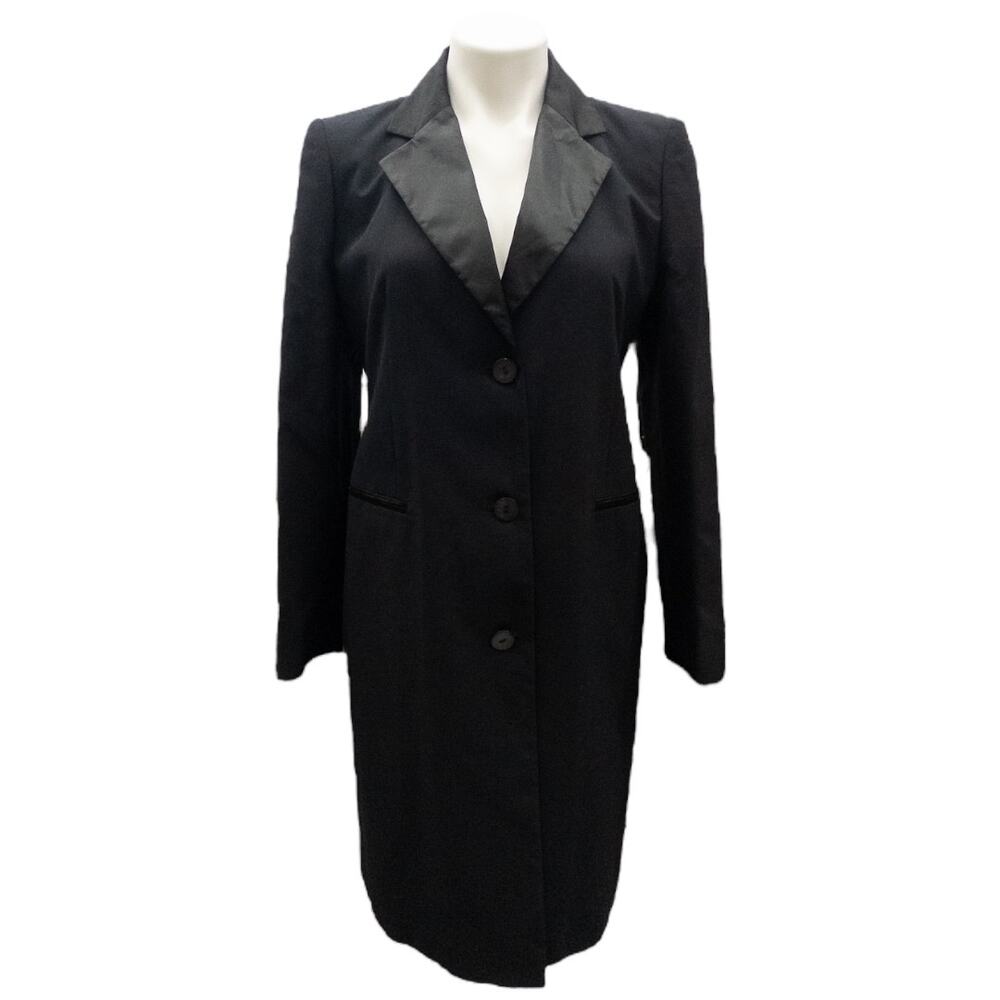 Nicola Tuxedo Duster Coat Women's Size 6 Black Satin Lapel Long Line 3 Button